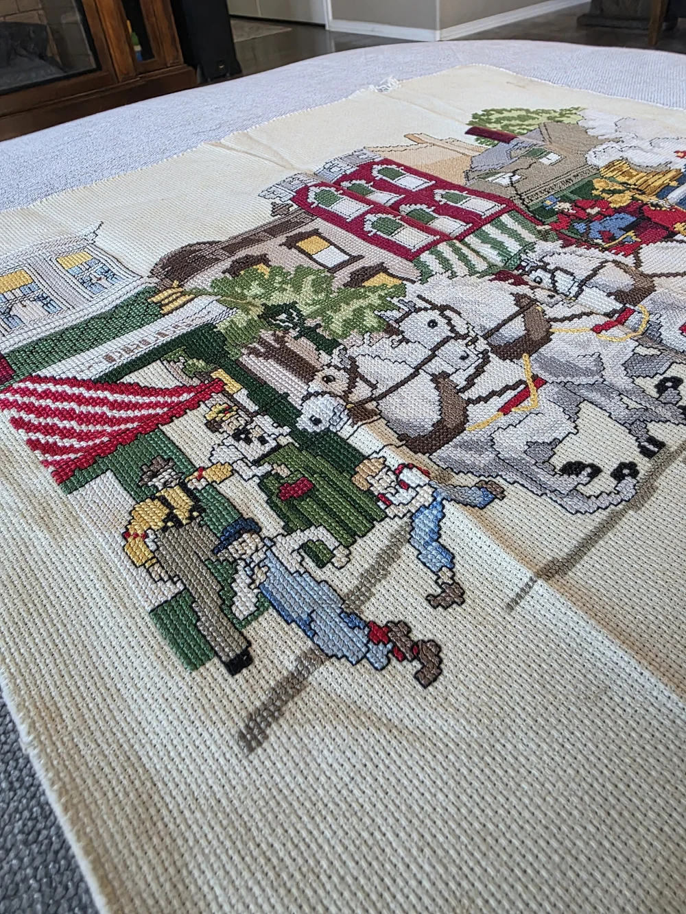 Vintage Cross Stitch Horse-Drawn Fire Wagon Scene Unframed Tapestry